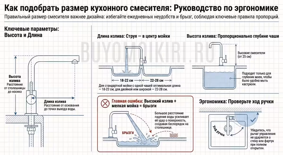 Как подобрать размеры кухонного смесителя правильно